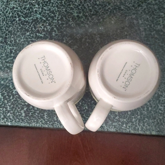 Thomson Pottery Mugs- Off White, Green Trim, Floral Design-Set of 2 - Picture 3 of 4